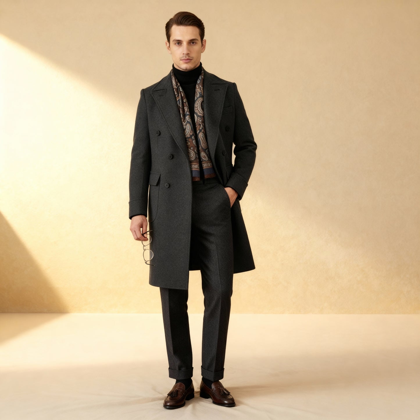 Winter Thick Long Coat 50% Wool Herringbone Italian