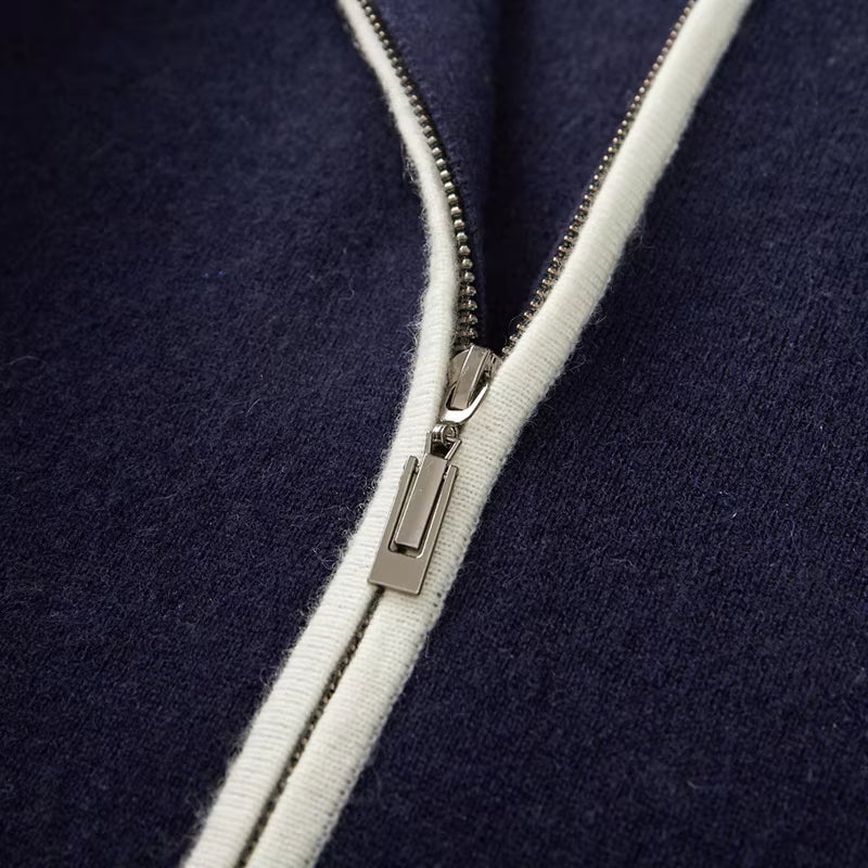 New Men'S Thick Lapel Collar Zipper Cardigan 100% Merino Wool Knitted Sweater Casual Color Contrast Warm Autumn/Winter Jacket