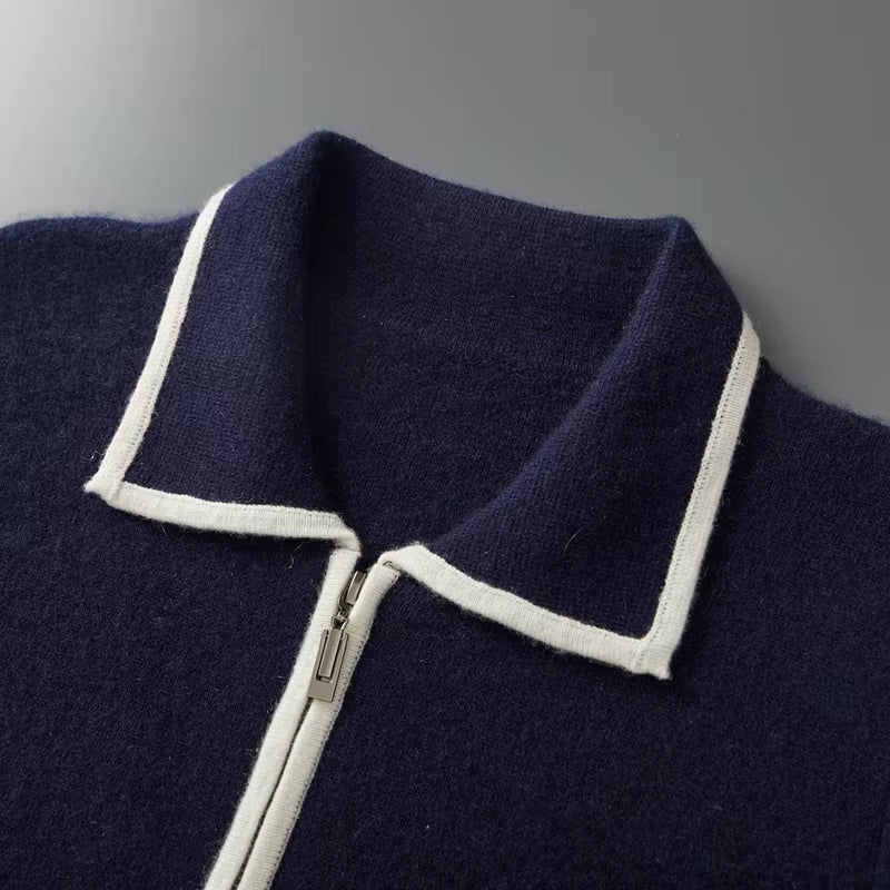 New Men'S Thick Lapel Collar Zipper Cardigan 100% Merino Wool Knitted Sweater Casual Color Contrast Warm Autumn/Winter Jacket