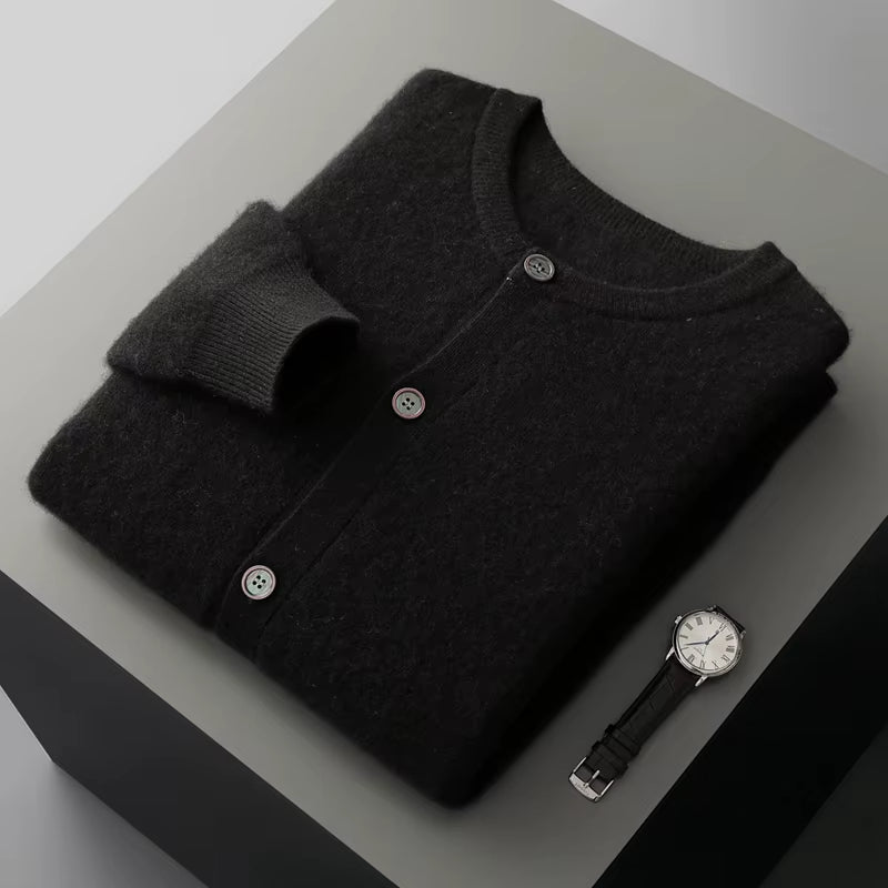 Men'S New round Neck Cardigan 100% Merino Wool Knitted Sweater Casual Loose Long Sleeved Coat Autumn and Winter Thick Warm Jacke