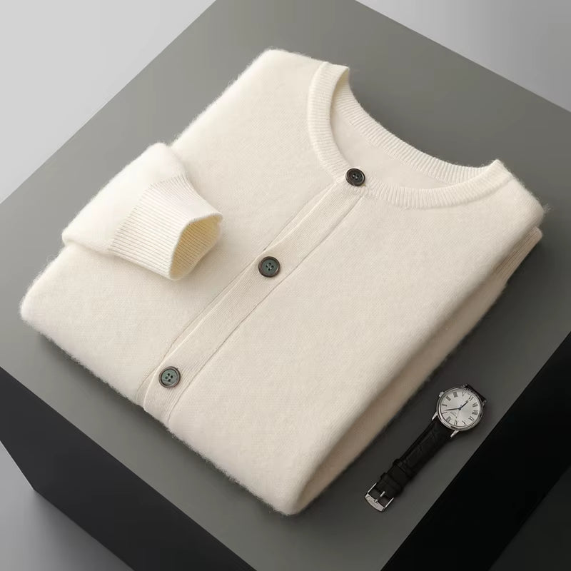 Men'S New round Neck Cardigan 100% Merino Wool Knitted Sweater Casual Loose Long Sleeved Coat Autumn and Winter Thick Warm Jacke