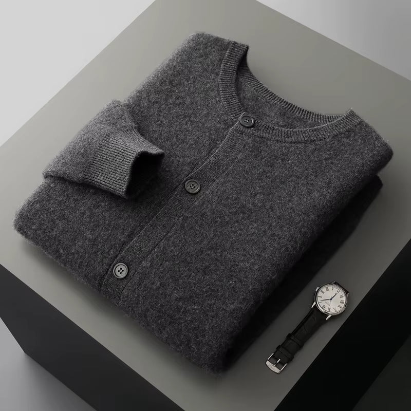 Men'S New round Neck Cardigan 100% Merino Wool Knitted Sweater Casual Loose Long Sleeved Coat Autumn and Winter Thick Warm Jacke