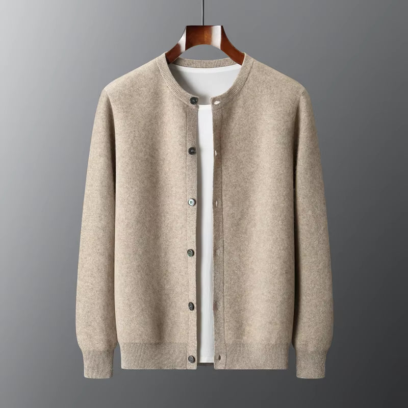 Men'S New round Neck Cardigan 100% Merino Wool Knitted Sweater Casual Loose Long Sleeved Coat Autumn and Winter Thick Warm Jacke