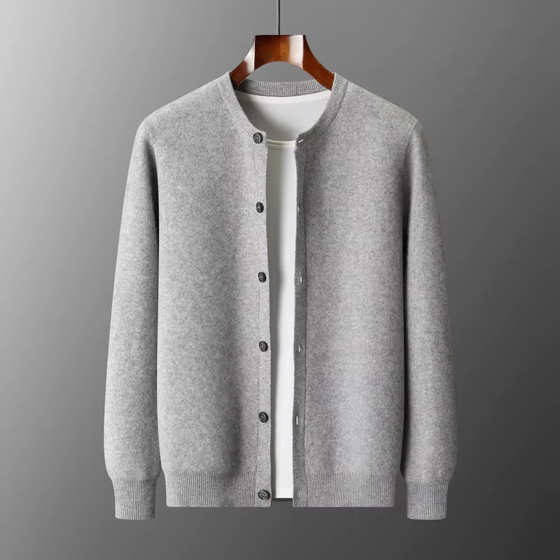 Men'S New round Neck Cardigan 100% Merino Wool Knitted Sweater Casual Loose Long Sleeved Coat Autumn and Winter Thick Warm Jacke