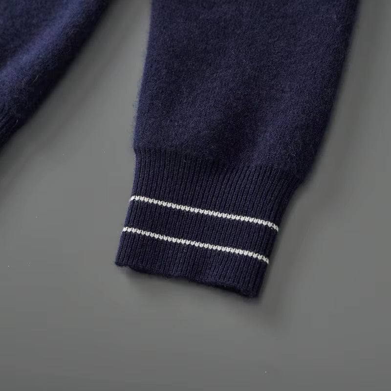 New Men'S Thick Lapel Collar Zipper Cardigan 100% Merino Wool Knitted Sweater Casual Color Contrast Warm Autumn/Winter Jacket