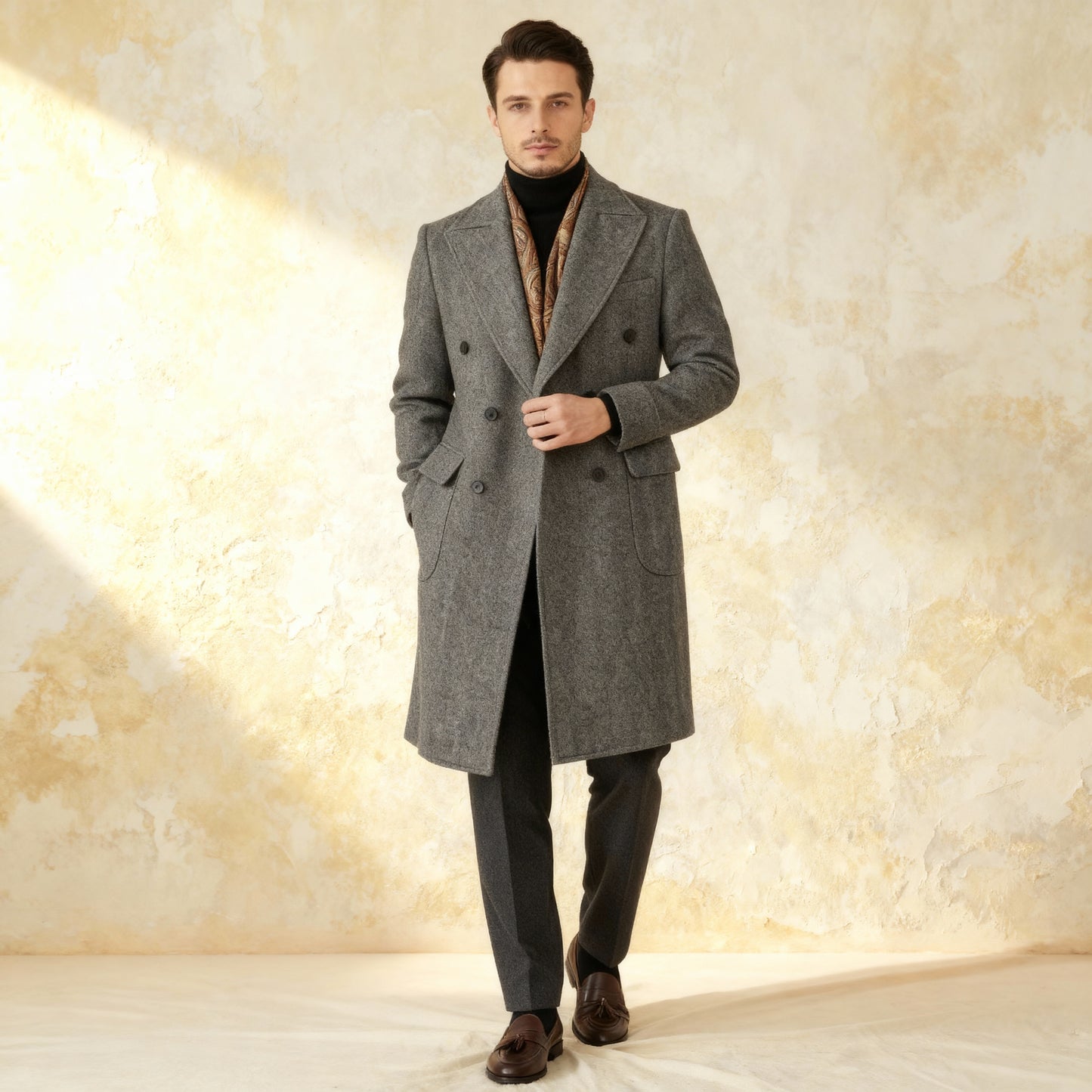 Winter Thick Long Coat 50% Wool Herringbone Italian