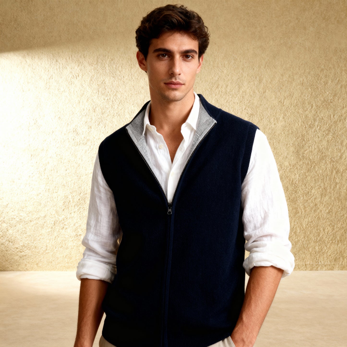 Double-Sided Zipper Knitted Vest 100% Merino Wool Sweater